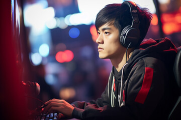 Focused Gamer- Esports Competitor in a Live Tournament