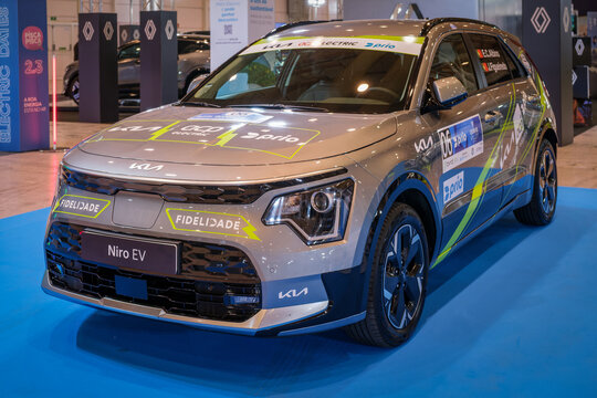 Lisbon, Portugal - May 12, 2023: Kia Niro EV electric car on display at ECAR SHOW - Hybrid and Electric Motor Show