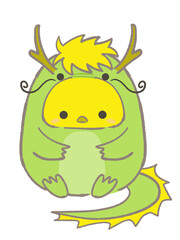 辰の着ぐるみを着て座るヒヨコのイラスト