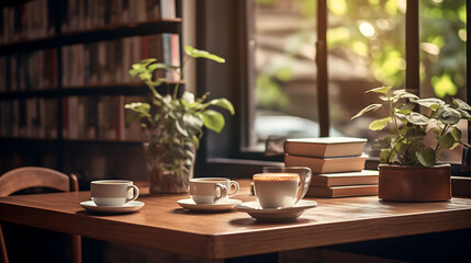 Fototapeta na wymiar Enchanting Coffee Shop Vibes: Cozy Shelf and Table Setup with Bokeh Magic, Ultra-HD, Super-Resolution