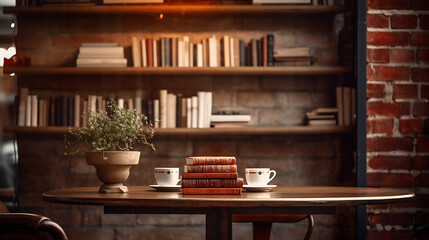 Fototapeta na wymiar Enchanting Coffee Shop Vibes: Cozy Shelf and Table Setup with Bokeh Magic, Ultra-HD, Super-Resolution