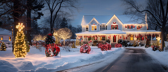 White New England Home Decorated With Extravagant Christmas Decorations and Lights - Generative Ai - obrazy, fototapety, plakaty