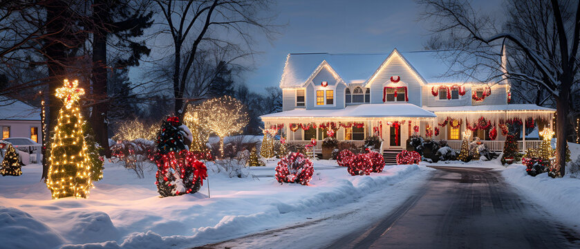 White New England Home Decorated With Extravagant Christmas Decorations and Lights - Generative Ai
