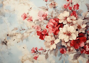Vintage-style oil painting of a floral bouquet against a muted sky-blue backdrop