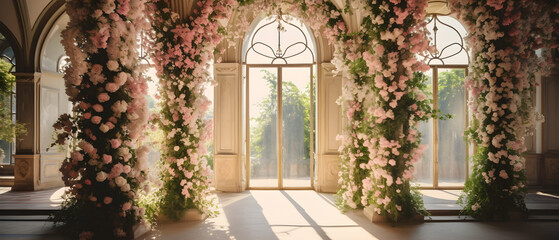 Wedding ceremony with various fresh flowers, standing in the garden. Fresh flowers decorations.  - Generative Ai