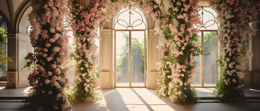 Wedding ceremony with various fresh flowers, standing in the garden. Fresh flowers decorations.  - Generative Ai