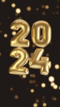 Feliz año nuevo 2024 globos dorados en fondo negro con efecto bokeh, video vertical
