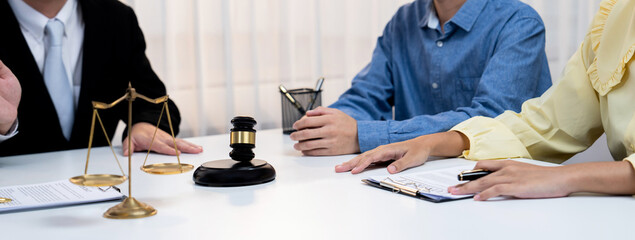 Lawyer acting as mediator broke a compromise between two parties to resolve business dispute through negotiation at law firm office. Legal mediation and conflict resolution service. Panorama Rigid