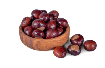Chestnut in Wooden Plate Isolated on White Background. File with Clipping Path.