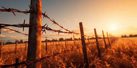 The imposing presence of a barbed wire fence, symbolizing protection - obrazy, fototapety, plakaty