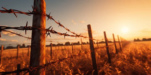 Foto op Canvas The imposing presence of a barbed wire fence, symbolizing protection © vectorizer88