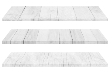 Set of wooden white tabletop or wood shelf isolated on transparent background.