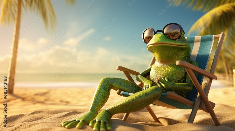 Wall mural frog with sunglasses relaxing on a beach