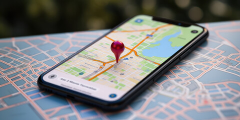 Smartphone displays a mobile app, pinpointing a location with a digital pin