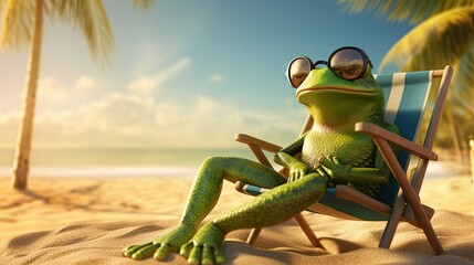 Frog With Sunglasses Relaxing on a beach - obrazy, fototapety, plakaty