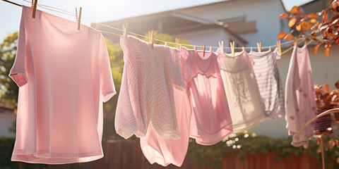 Sunlit clothesline with laundry drying under the warm sun