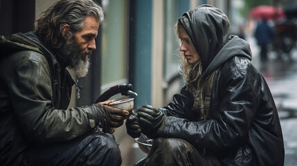 Obraz premium American street on a cold, rainy day. A passer-by women, empathetic and compassionate, offers food and money to a homeless man with old clothes and messy, dirty grey hair, sitting and seeking help