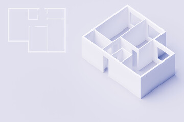 Fototapeta premium 3D rendering. Model of a three-room apartment. Empty apartment without furniture, plumbing and decoration.