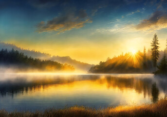 Fototapeta premium realistic illustration of morning view of peaceful lake landscape with clear sky and fog over the water