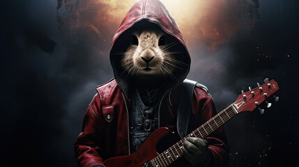Poster of a rabbit wearing a guitar and a hood
