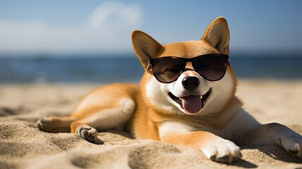 shiba inu With Sunglasses Relaxing on the Beach - obrazy, fototapety, plakaty