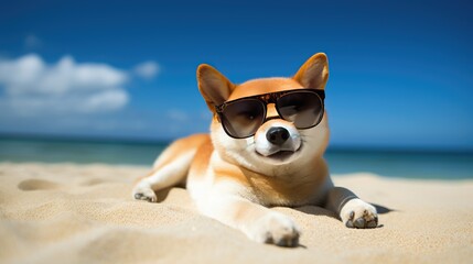 shiba inu With Sunglasses Relaxing on the Beach