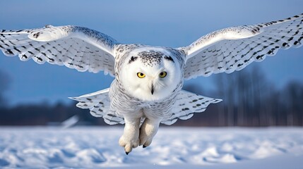 Snowy owl taking off from a snowy plain on a clean