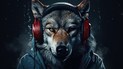 Wolf poster wearing headphones on his head - obrazy, fototapety, plakaty