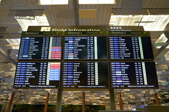 SINGAPORE - NOVEMBER 06, 2023: digital flight information display system in Singapore Changi Airport Terminal 3.