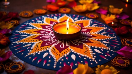 an image of a beautifully decorated Rangoli with vibrant colors and intricate patterns for Diwali celebrations.