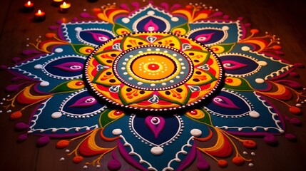 an image of a beautifully decorated Rangoli with vibrant colors and intricate patterns for Diwali celebrations.