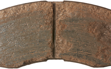 close-up top view of old worn out car disc brake pad surface, crucial components of vehicle braking system, made of friction materials that grip the brake disc or rotor isolated on white background