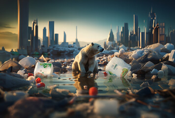 The critical crossroads of the polar bear's extreme life due to human environmental pollution. polar bear in the region, which is threatened by global warming.
 - obrazy, fototapety, plakaty