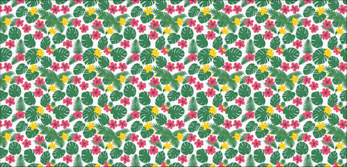 seamless pattern with flowers, Seamless pattern of palm leaves and tropical flowers