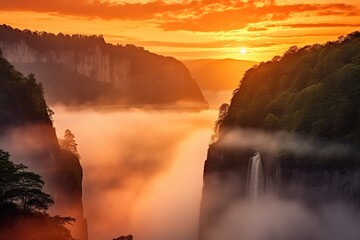 Sunrise under waterfall