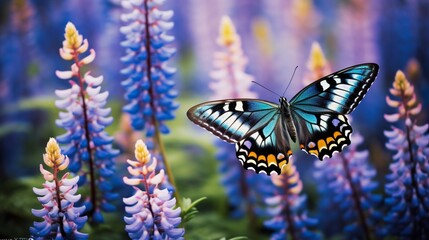 Freeze the graceful dance of a butterfly as it flits among a field of wild lupine, creating a kaleidoscope of colors in the spring breeze.