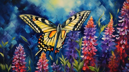 Freeze the graceful dance of a butterfly as it flits among a field of wild lupine, creating a kaleidoscope of colors in the spring breeze.