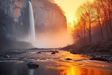 Shot of a misty waterfall backdropped by an orange sunrise