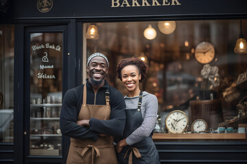 Small business owner african american couple standing in front of your own store restaurant - obrazy, fototapety, plakaty