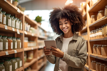 Portrait of happy smiling young woman with using tablet computer shopping in store