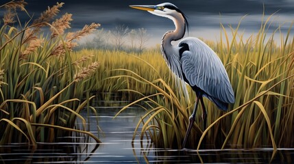 Highlight the serene elegance of a great blue heron standing tall in the shallows of a tranquil wetland, framed by emerald reeds.
