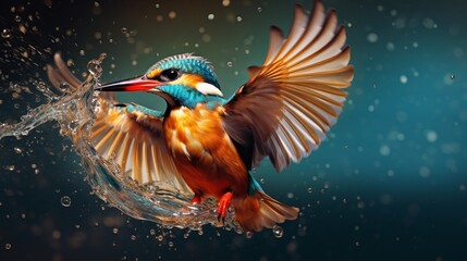 Highlight the vivid colors of a kingfisher in the midst of a successful dive, emerging from the water with a gleaming catch.