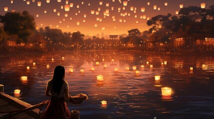 Illustrate a serene riverside scene where people release Diwali lanterns into the water, creating a mesmerizing reflection.