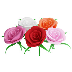 Valentine colorful roses clipart flat design icon isolated on transparent background, 3D render Valentine concept