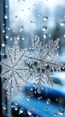 A close-up of a snowflake melting on a windowpane ,Winter Graphics, Winter Graphics image idea, Illustration