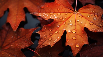 Rain-kissed maple leaves, glistening in detail.