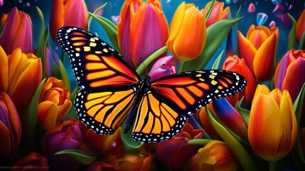 Reveal the intricate patterns on a monarch butterfly as it rests on a bed of colorful tulips in the...