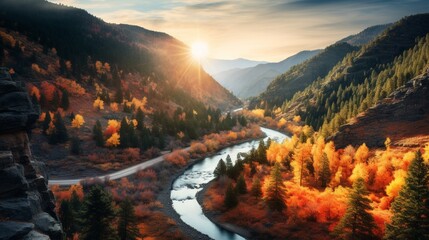 River through a valley, surrounded by trees in full fall glory. Grandeur.