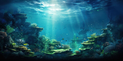 Obraz na płótnie Canvas The underwater ocean world illuminated by shimmering light from above