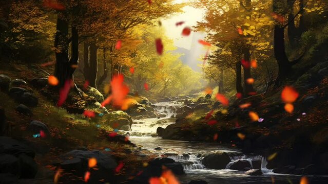 River in an autumn landscape, river flowing through a forest filled with fallen leaves. Seamless looping video background animation. Generated with AI
